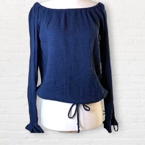 RED Haute Blue medium weight blouse boat neck ties at sleeve and waist